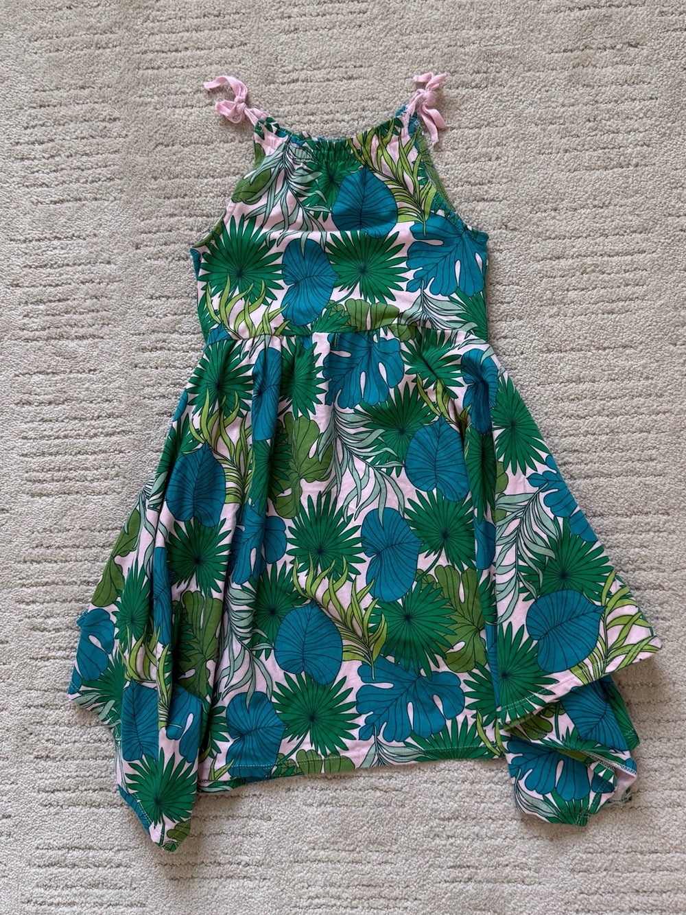 Tommy Bahama Girls Tropical Leaf Halter Dress - Green & Blue with Pink Ties